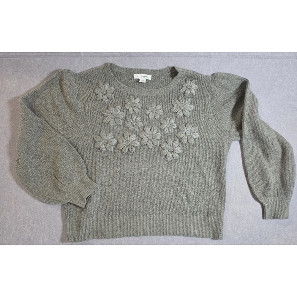 Liz Claiborne Long Sleeve Sweater Gray Crochet Floral P2XL